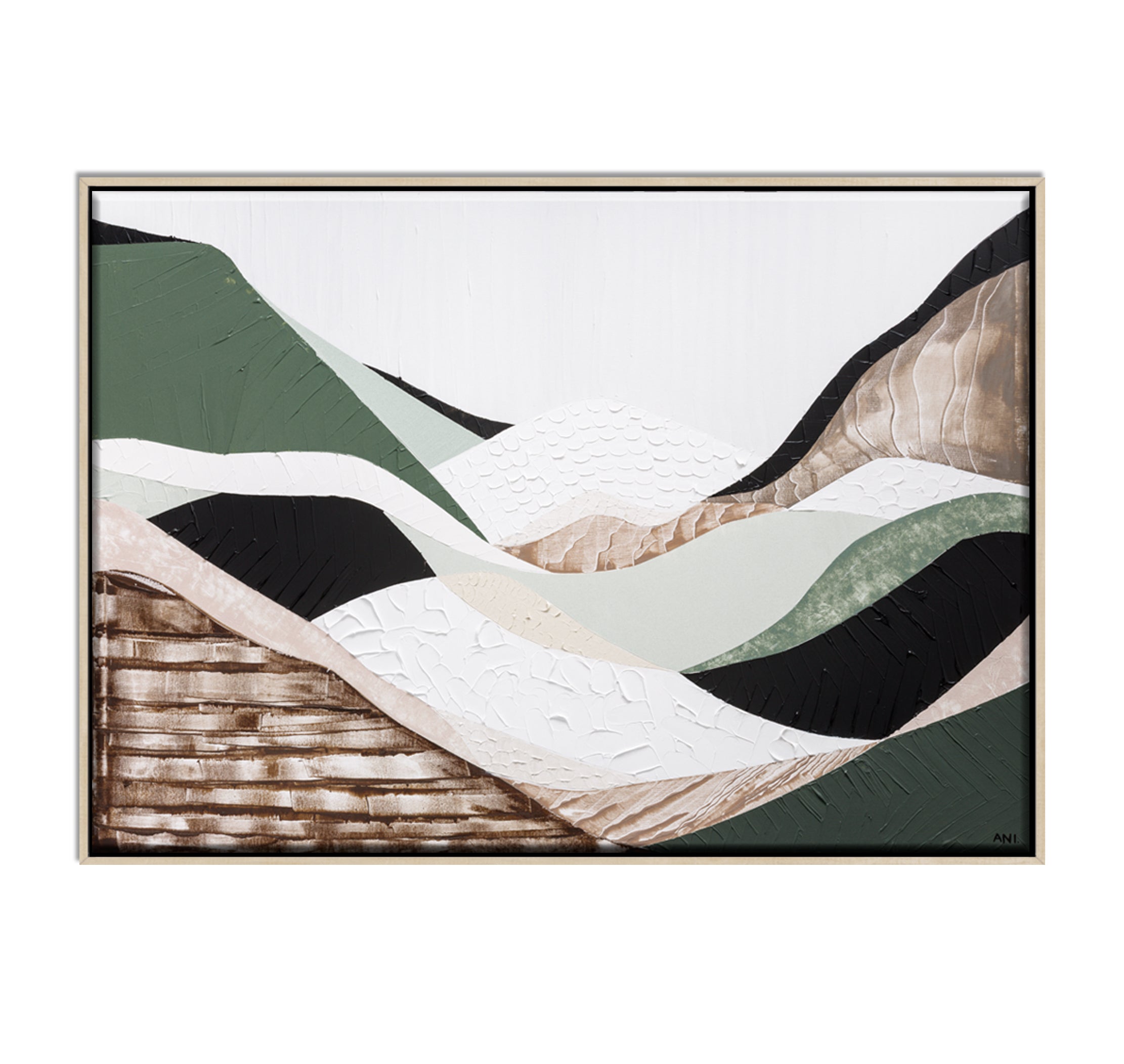 Eastern Highlands – Original abstract Australian mountain landscape painting by Ani Ipradjian, featuring earthy browns, sage greens, and textured mixed media inspired by the Great Dividing Range. Captures the beauty of Australia's Eastern Highlands across Victoria, New South Wales, and Queensland. Framed in Tasmanian Oak. Ideal for collectors, interior designers, and lovers of Australian nature art
