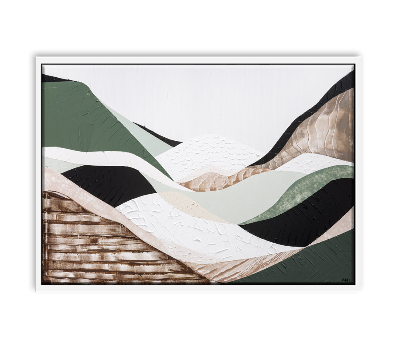 Eastern Highlands – Original abstract Australian mountain landscape painting by Ani Ipradjian, featuring earthy browns, sage greens, and textured mixed media inspired by the Great Dividing Range. Captures the beauty of Australia's Eastern Highlands across Victoria, New South Wales, and Queensland. Framed in Tasmanian Oak. Ideal for collectors, interior designers, and lovers of Australian nature art