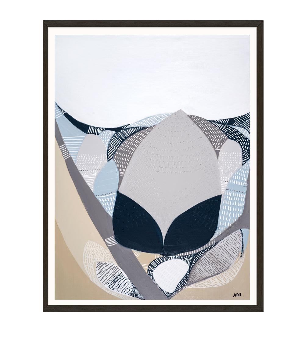 Protea in the Night – abstract floral art print by Ani Ipradjian featuring a blooming Protea flower, symbolising strength, transformation, and beauty in dark moody tones. Perfect for global art collectors and botanical art lovers.