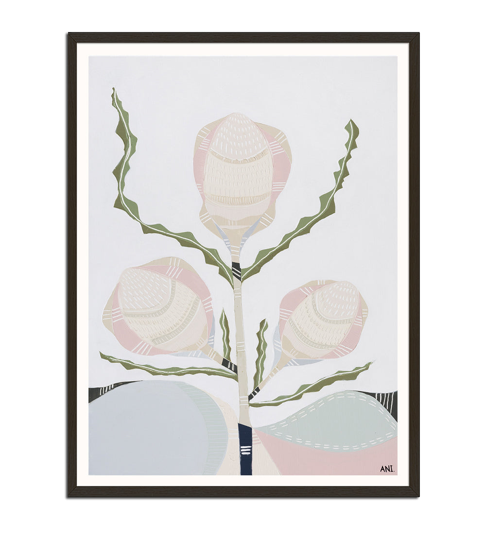 Banksia floral print by Ani Ipradjian – abstract depiction of native Australian Banksia flower with textured layers and earthy tones, inspired by coastal flora near the Mornington Peninsula.