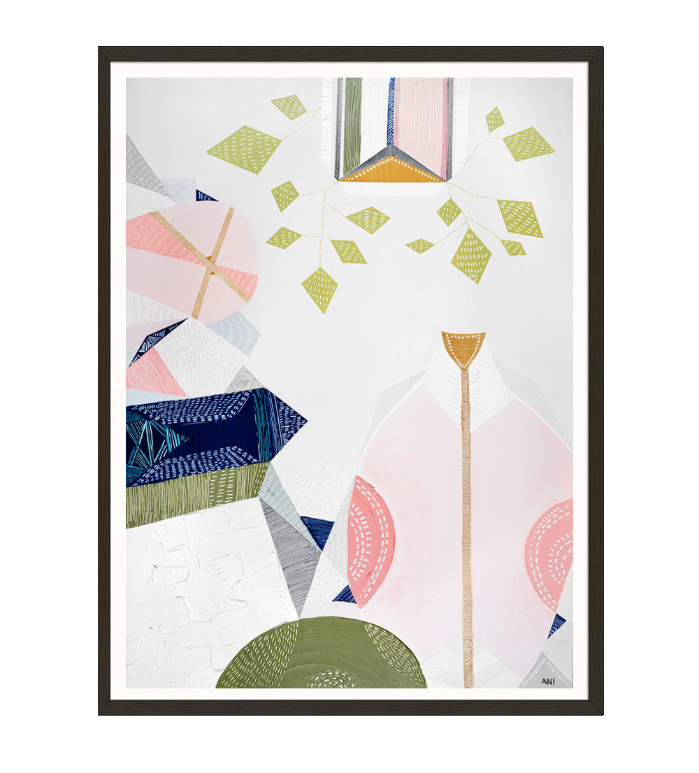Urban Melbourne abstract print by Ani Ipradjian featuring warm retro tones and hanging vine-inspired shapes, celebrating 1970s interiors and Melbourne’s vibrant city life. Ideal for art collectors and interior decor inspired by Australian cityscapes.