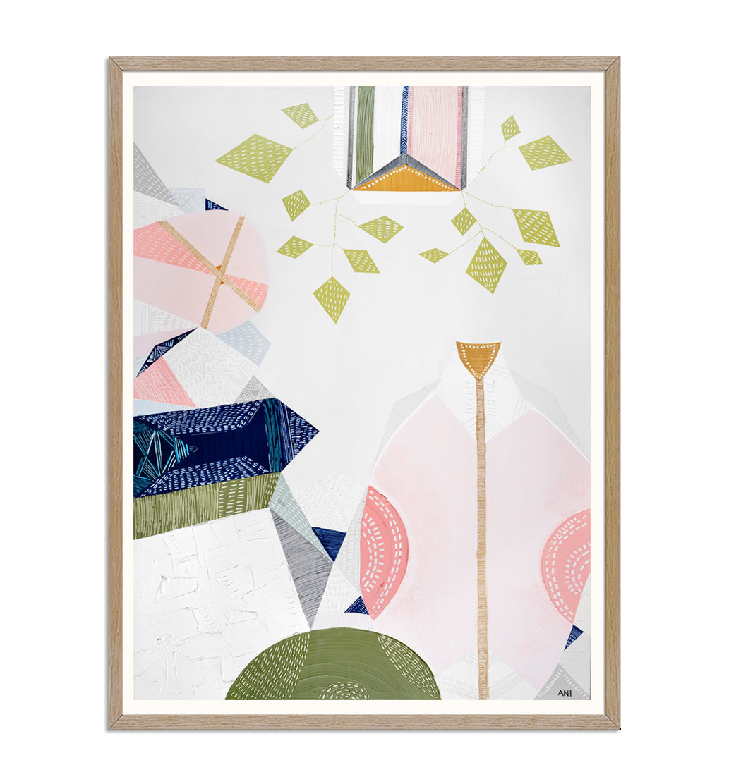 Urban Melbourne abstract print by Ani Ipradjian featuring warm retro tones and hanging vine-inspired shapes, celebrating 1970s interiors and Melbourne’s vibrant city life. Ideal for art collectors and interior decor inspired by Australian cityscapes.