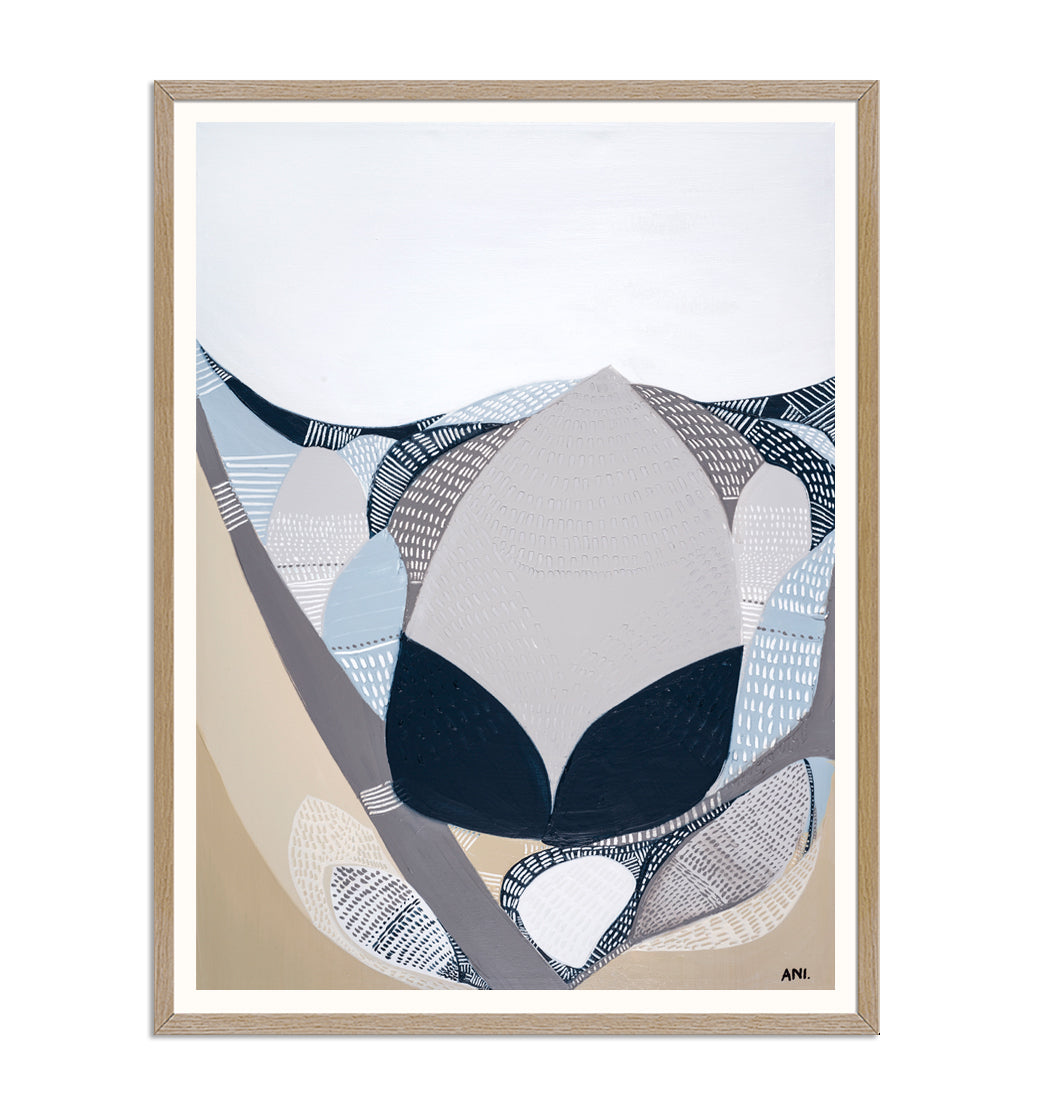 Protea in the Night – abstract floral art print by Ani Ipradjian featuring a blooming Protea flower, symbolising strength, transformation, and beauty in dark moody tones. Perfect for global art collectors and botanical art lovers.