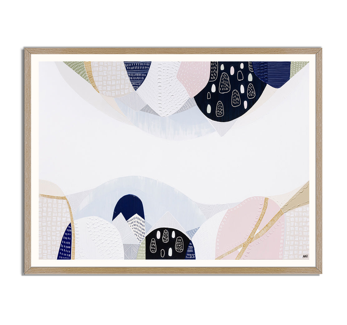 Abstract cityscape print inspired by Melbourne's urban structure, featuring layered textures, natural tones, and references to historic bluestone architecture from the 1850s. Captures the balance of nature and city life in modern Australian design.
