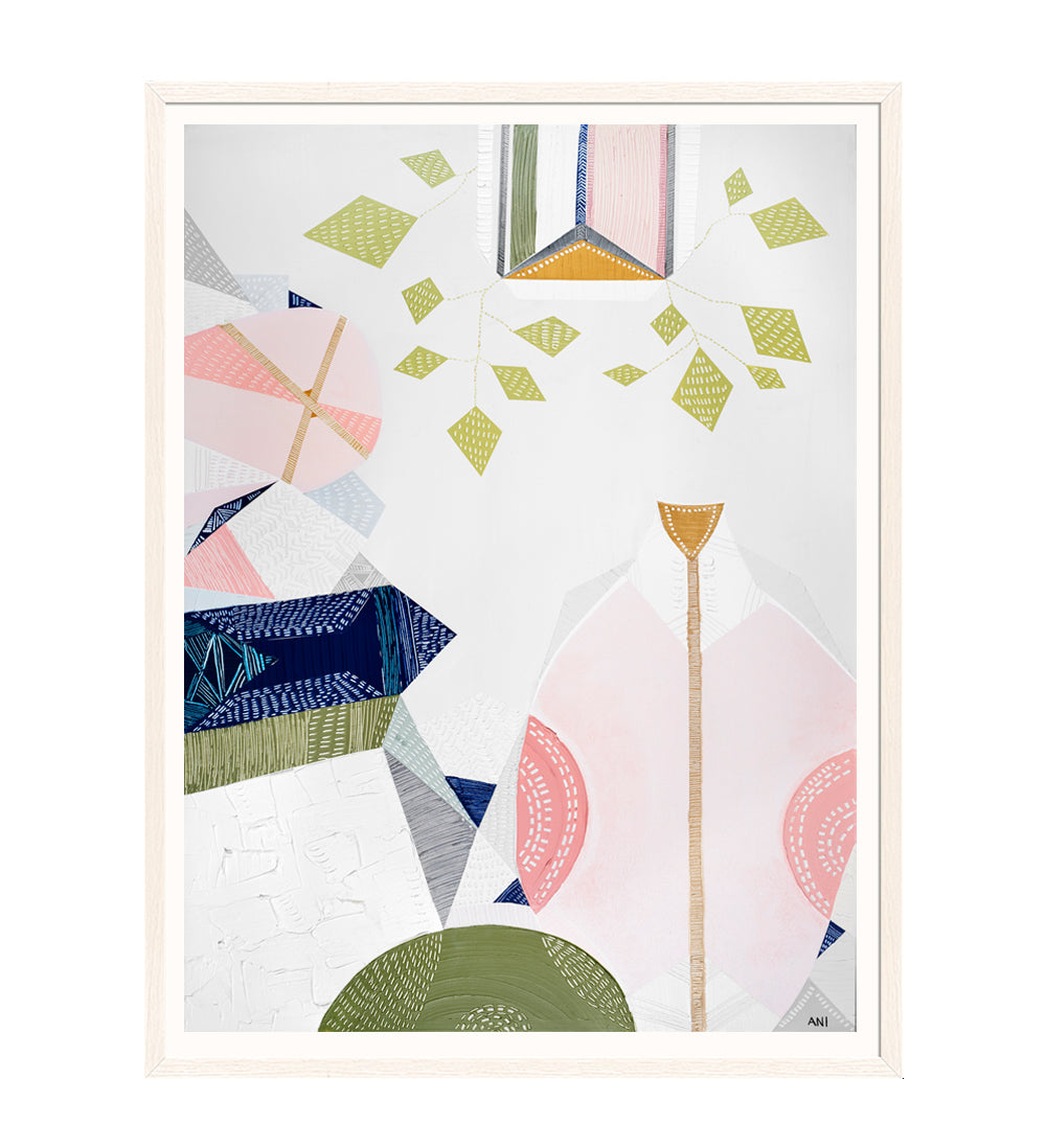 Urban Melbourne abstract print by Ani Ipradjian featuring warm retro tones and hanging vine-inspired shapes, celebrating 1970s interiors and Melbourne’s vibrant city life. Ideal for art collectors and interior decor inspired by Australian cityscapes.