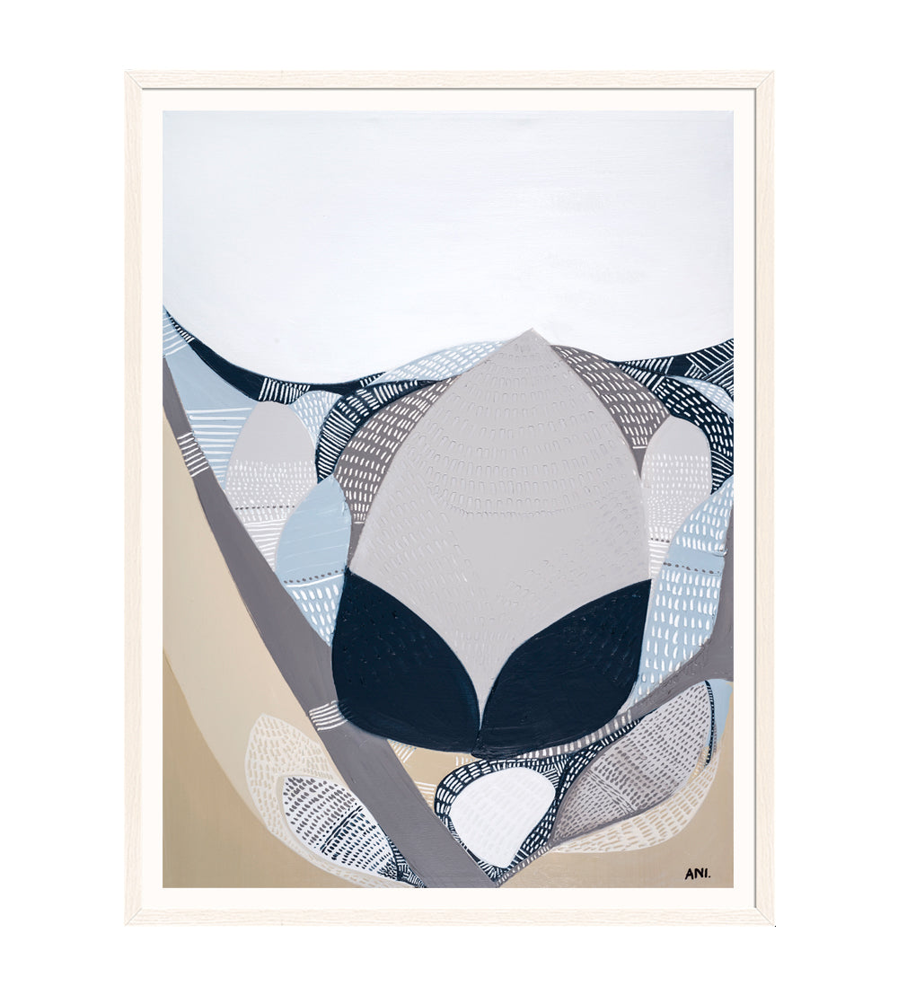 Protea in the Night – abstract floral art print by Ani Ipradjian featuring a blooming Protea flower, symbolising strength, transformation, and beauty in dark moody tones. Perfect for global art collectors and botanical art lovers.