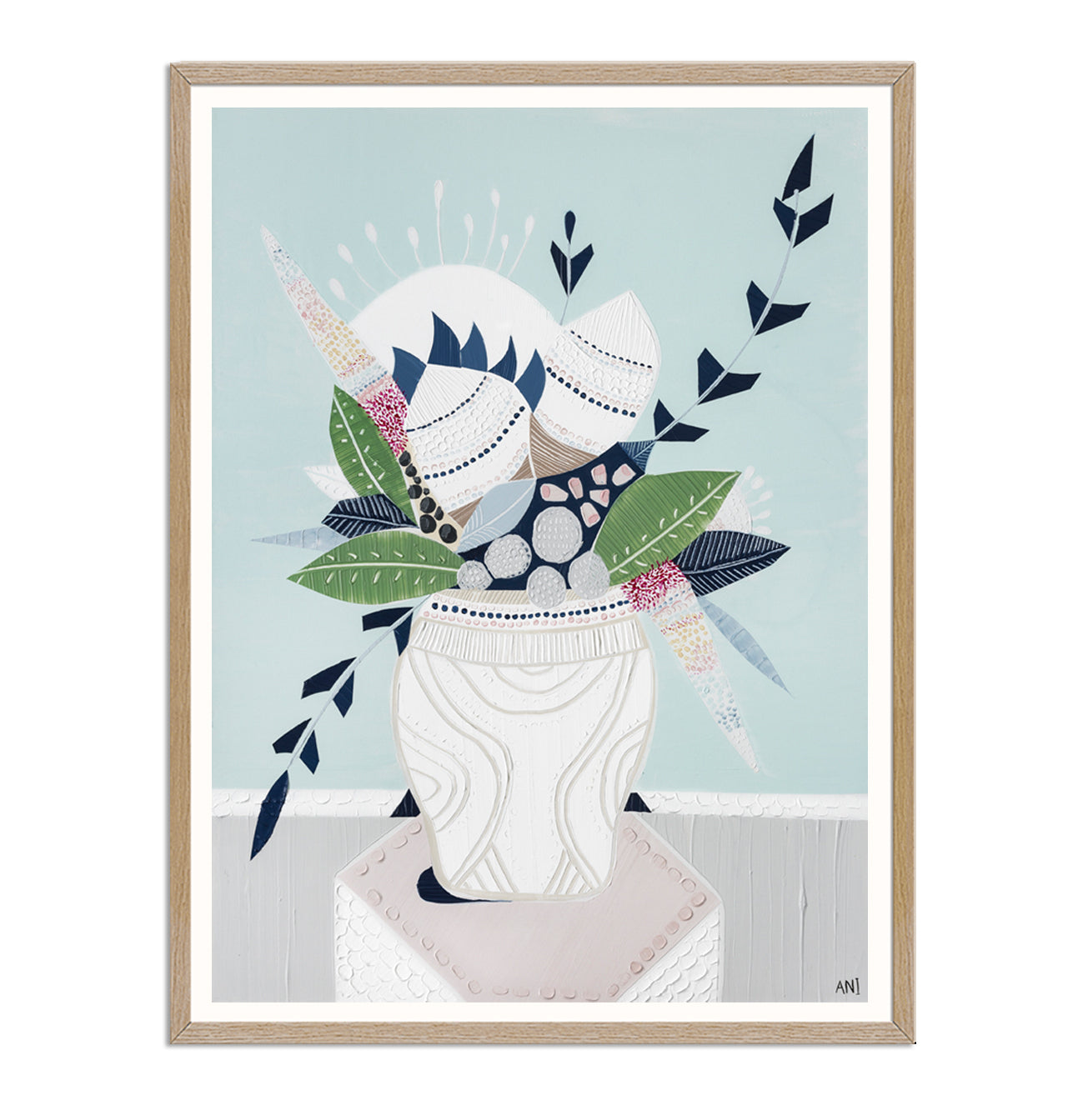 "Wild Banksia Bouquet" print by Australian artist Ani Ipradjian – abstract floral artwork featuring native Banksia flowers and modern coastal tones, ideal for botanical-themed interior decor.