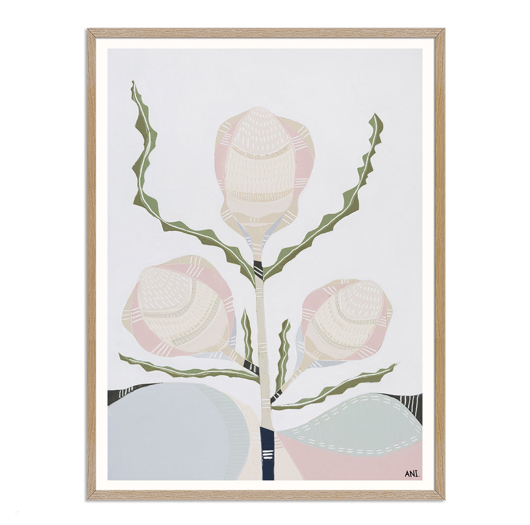 Banksia floral print by Ani Ipradjian – abstract depiction of native Australian Banksia flower with textured layers and earthy tones, inspired by coastal flora near the Mornington Peninsula.