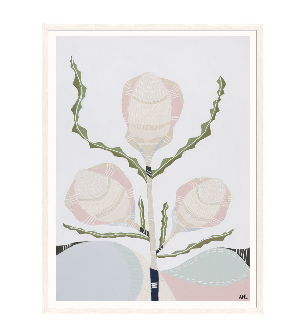 Banksia floral print by Ani Ipradjian – abstract depiction of native Australian Banksia flower with textured layers and earthy tones, inspired by coastal flora near the Mornington Peninsula.