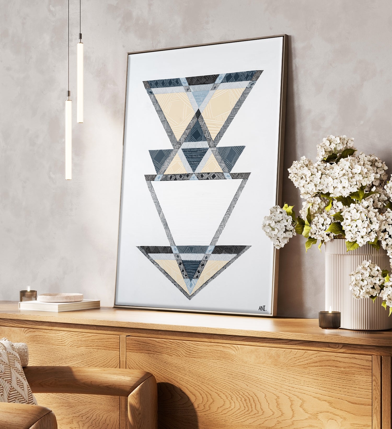 Future abstract symbolic painting by Australian artist Ani Ipradjian, inspired by numerology and the journey of past, present, and future. Featuring triangle motifs, earthy tones, and layered textures, this contemporary spiritual artwork represents balance, clarity, transformation, and personal growth, making it a meaningful statement piece for modern interiors and art collectors.