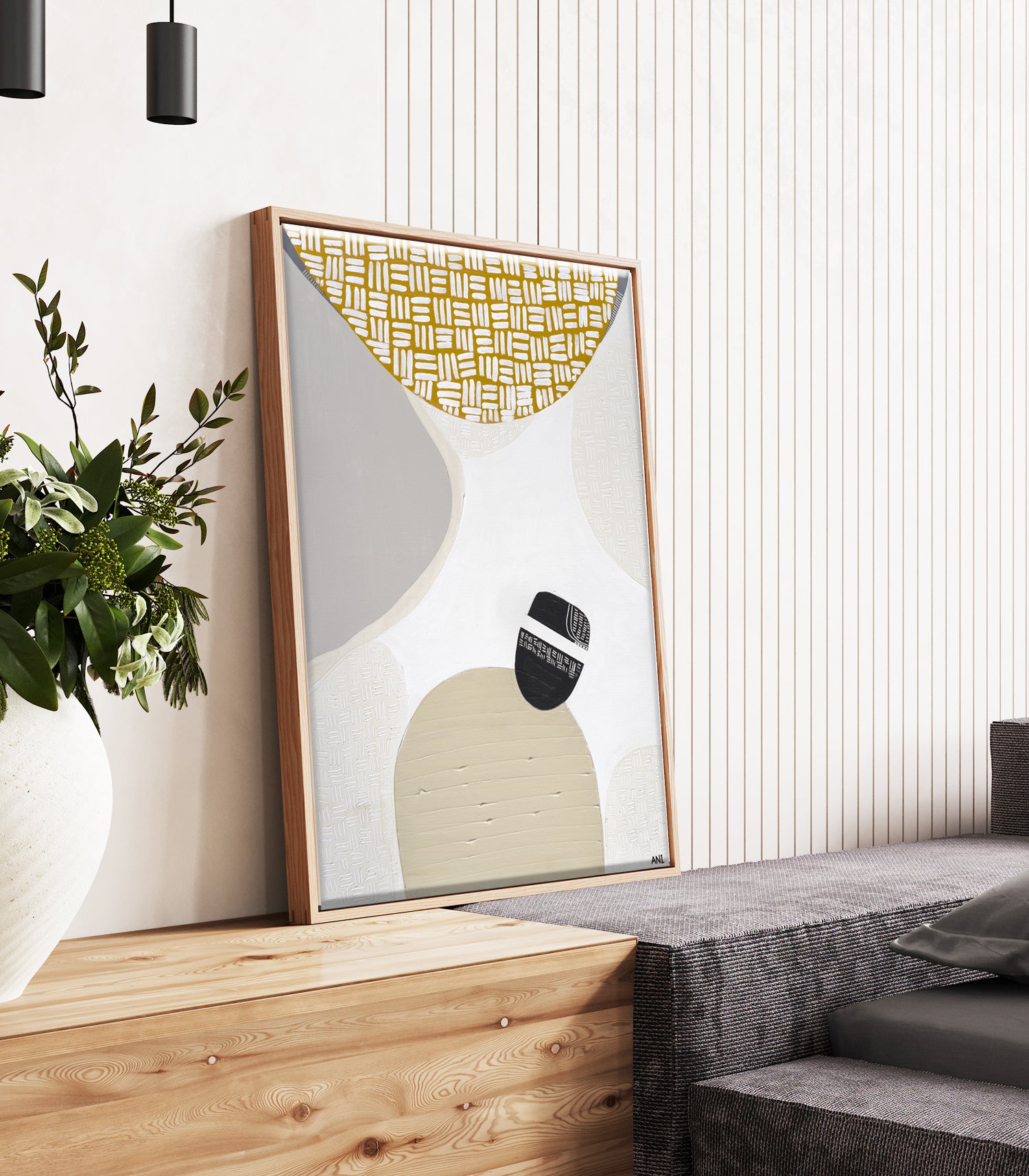 "Golden Outback 2" – Original abstract Australian landscape painting by Ani Ipradjian, featuring mustard and grey tones symbolising the outback, climate, and coastal wildlife, inspired by Australia’s rich natural and gold prospecting heritage.