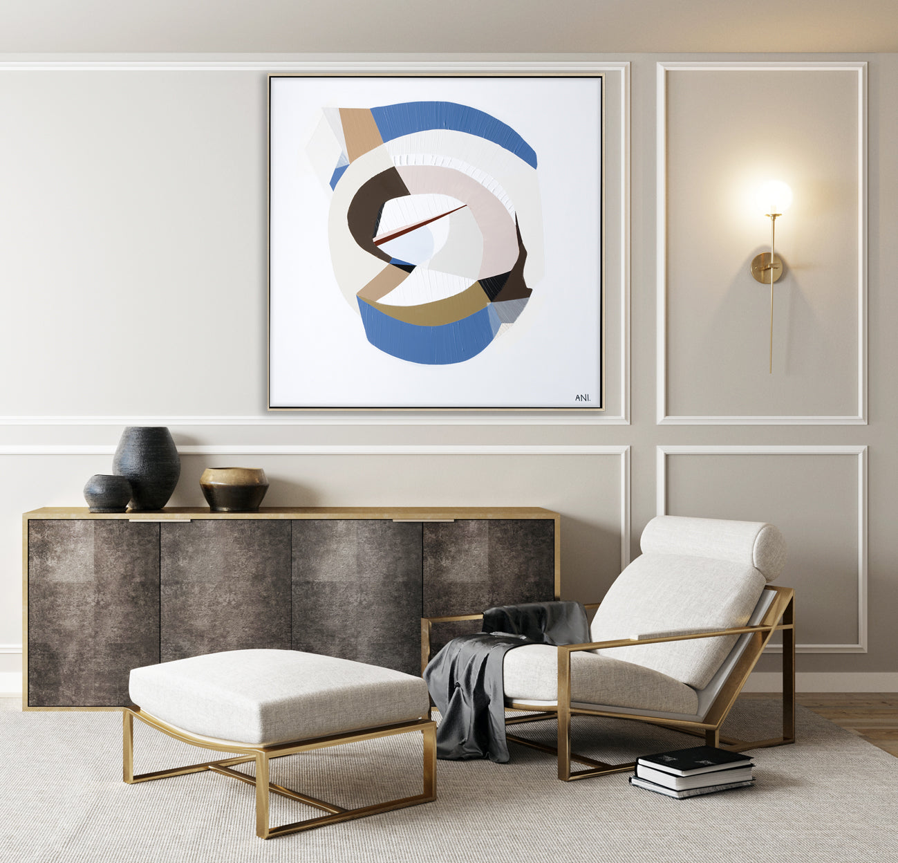 "Golden Sapphire 2" – Original abstract painting by Australian artist Ani Ipradjian, inspired by golden and blue sapphires, family legacy, and the elegance of gemstone colour palettes.