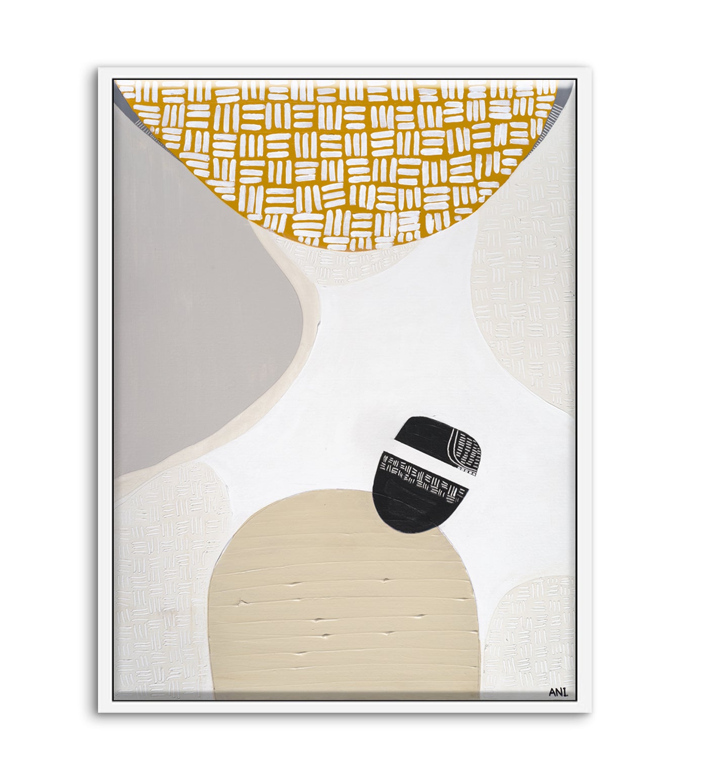 "Golden Outback 2" – Original abstract Australian landscape painting by Ani Ipradjian, featuring mustard and grey tones symbolising the outback, climate, and coastal wildlife, inspired by Australia’s rich natural and gold prospecting heritage.