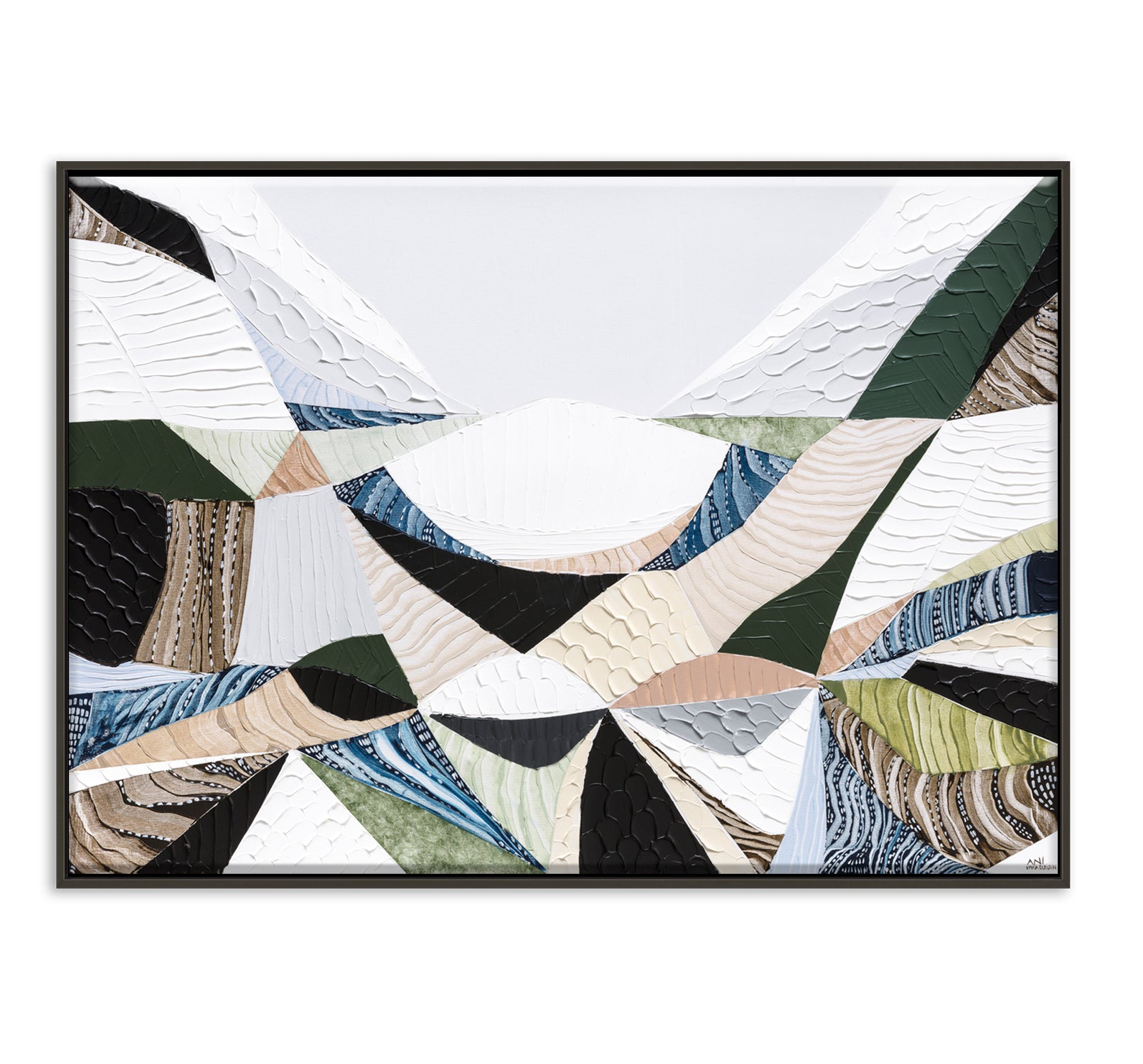 Contemporary Australian abstract art art painting and print inspired by Victorian bluestone (Olivine Basalt) by Melbourne artist Ani Ipradjian. Textured fine art print featuring earthy neutral colours, layered abstract forms and Australian volcanic stone inspiration. Ideal wall art for modern living rooms, dining rooms, offices and contemporary Australian interiors. Museum-quality print available framed in Tasmanian Oak, Black or White with free shipping Australia-wide.