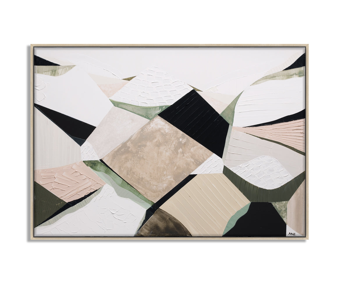 "Great Dividing Ranges" – Original abstract landscape painting by Australian artist Ani Ipradjian, featuring earthy browns, sage greens, and rich textures inspired by Australia’s iconic mountain range spanning Queensland, New South Wales, and Victoria; perfect for collectors of Australian art, nature-inspired interiors, and global art enthusiasts.