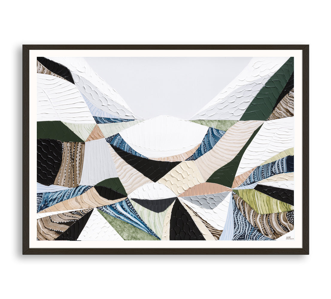 Contemporary Australian abstract art art painting and print inspired by Victorian bluestone (Olivine Basalt) by Melbourne artist Ani Ipradjian. Textured fine art print featuring earthy neutral colours, layered abstract forms and Australian volcanic stone inspiration. Ideal wall art for modern living rooms, dining rooms, offices and contemporary Australian interiors. Museum-quality print available framed in Tasmanian Oak, Black or White with free shipping Australia-wide.