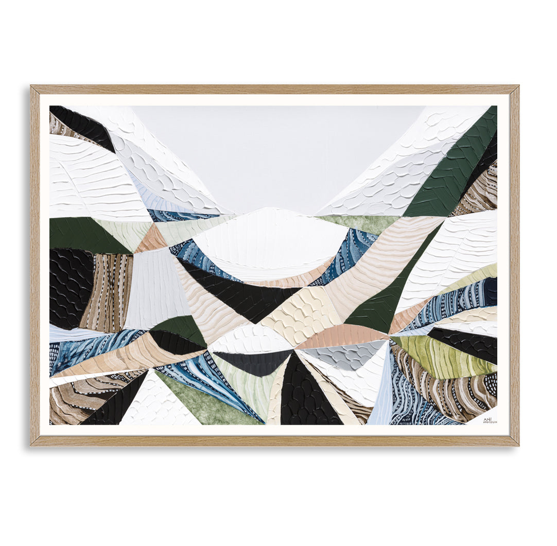 Contemporary Australian abstract art art painting and print inspired by Victorian bluestone (Olivine Basalt) by Melbourne artist Ani Ipradjian. Textured fine art print featuring earthy neutral colours, layered abstract forms and Australian volcanic stone inspiration. Ideal wall art for modern living rooms, dining rooms, offices and contemporary Australian interiors. Museum-quality print available framed in Tasmanian Oak, Black or White with free shipping Australia-wide.