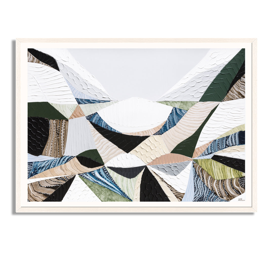 Contemporary Australian abstract art art painting and print inspired by Victorian bluestone (Olivine Basalt) by Melbourne artist Ani Ipradjian. Textured fine art print featuring earthy neutral colours, layered abstract forms and Australian volcanic stone inspiration. Ideal wall art for modern living rooms, dining rooms, offices and contemporary Australian interiors. Museum-quality print available framed in Tasmanian Oak, Black or White with free shipping Australia-wide.