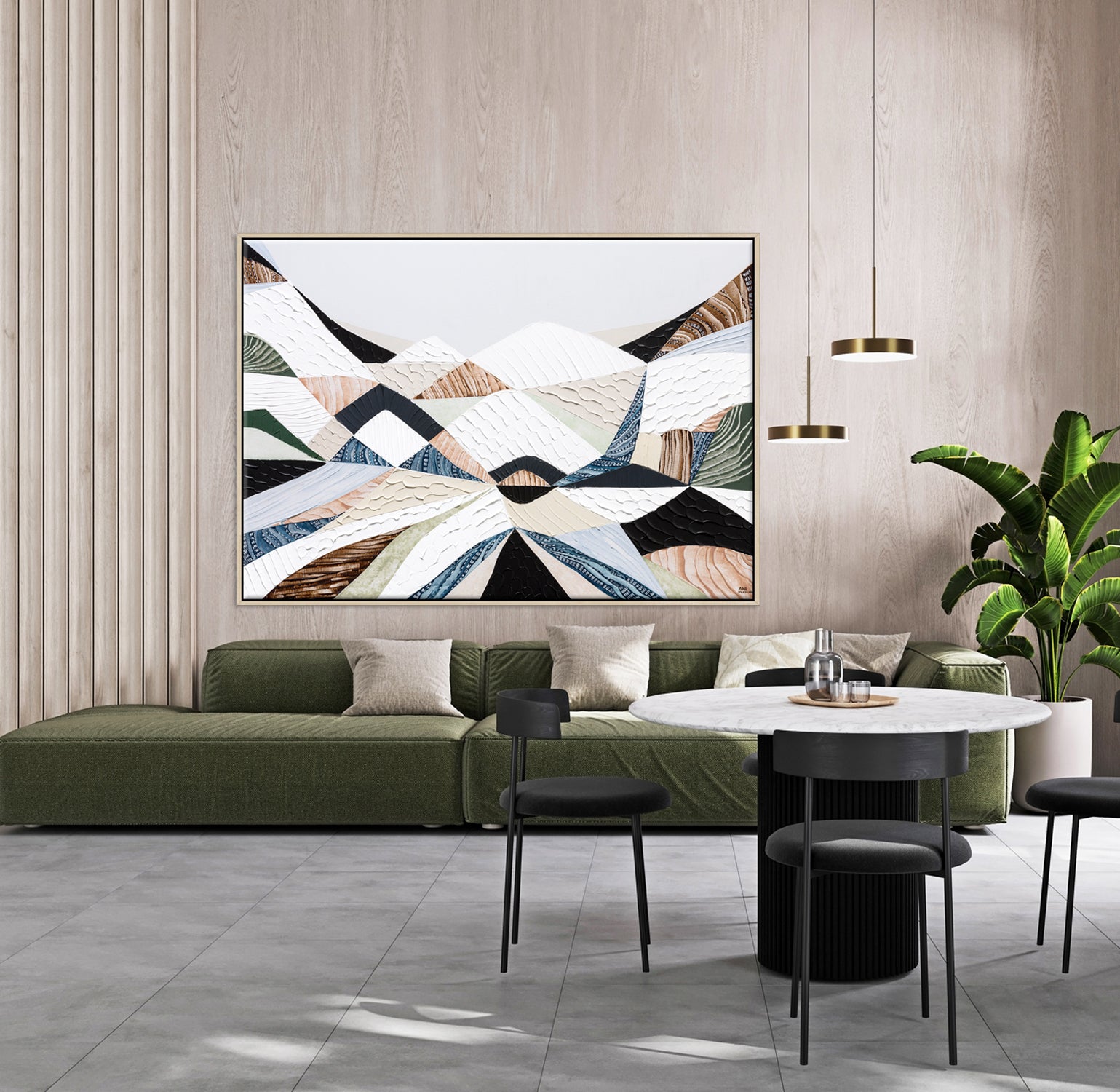 Great Dividing Ranges original Australian mountain landscape painting by Melbourne-based Australian artist Ani Ipradjian, textured acrylic and mixed media canvas artwork in earthy browns and sage greens, framed in Tasmanian Oak, with Australian wall art, canvas prints and giclée fine art prints available.