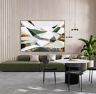 Great Dividing Ranges original Australian mountain landscape painting by Melbourne-based Australian artist Ani Ipradjian, textured acrylic and mixed media canvas artwork in earthy browns and sage greens, framed in Tasmanian Oak, with Australian wall art, canvas prints and giclée fine art prints available.