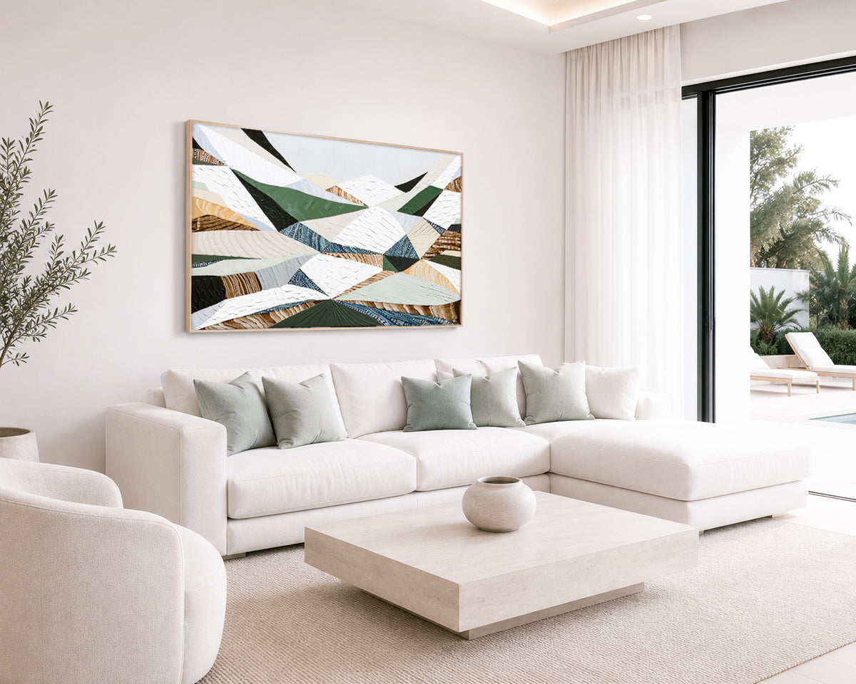 Great Dividing Ranges original Australian mountain landscape painting by Melbourne-based Australian artist Ani Ipradjian, textured acrylic and mixed media canvas artwork in earthy browns and sage greens, framed in Tasmanian Oak, with Australian wall art, canvas prints and giclée fine art prints available.