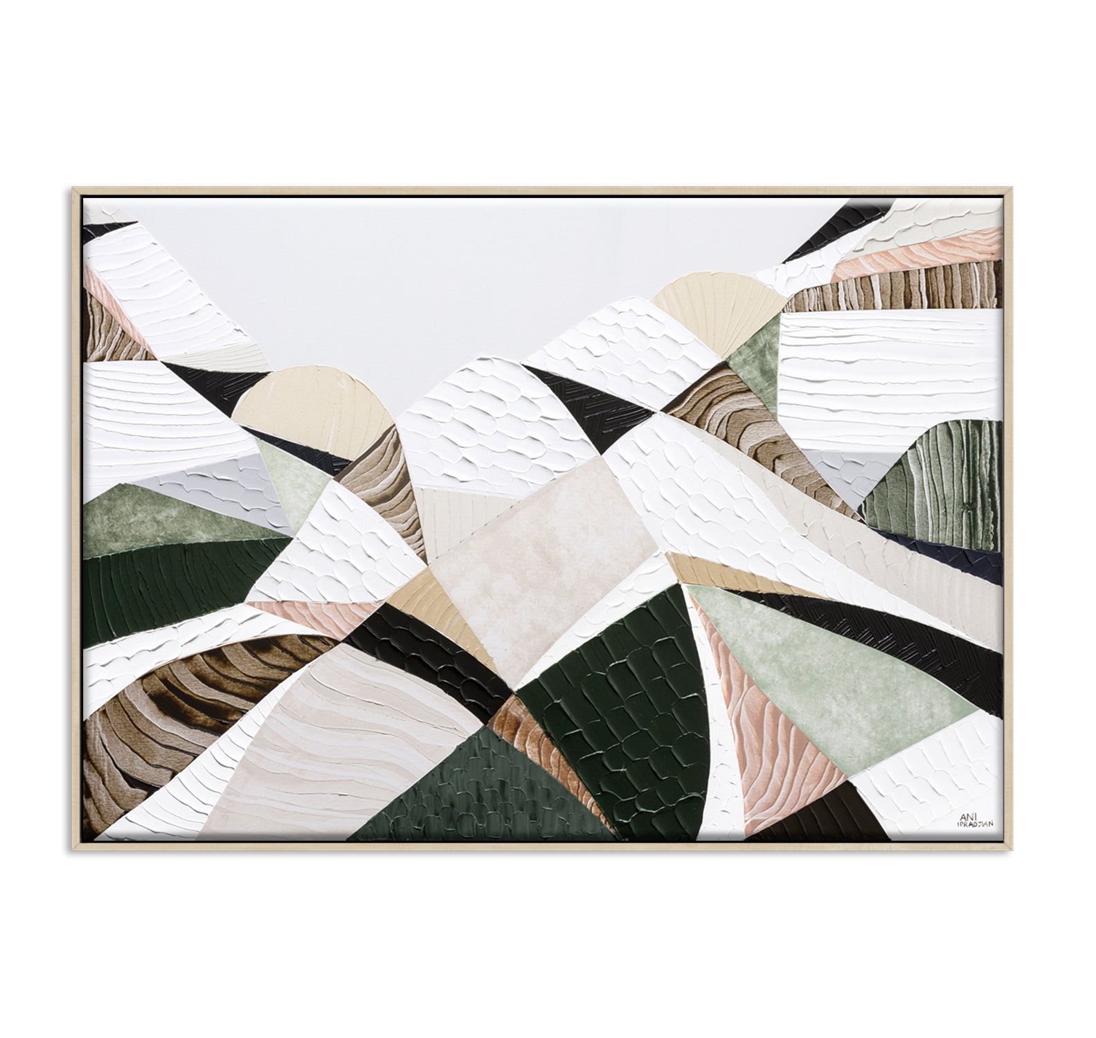 Great Dividing Mountain Ranges 3, original Australian abstract landscape painting by Melbourne artist Ani Ipradjian, featuring earthy browns, sage greens and rich textured native bushland. Contemporary acrylic and mixed media artwork on canvas, 134cm x 95cm, framed in Tasmanian Oak.