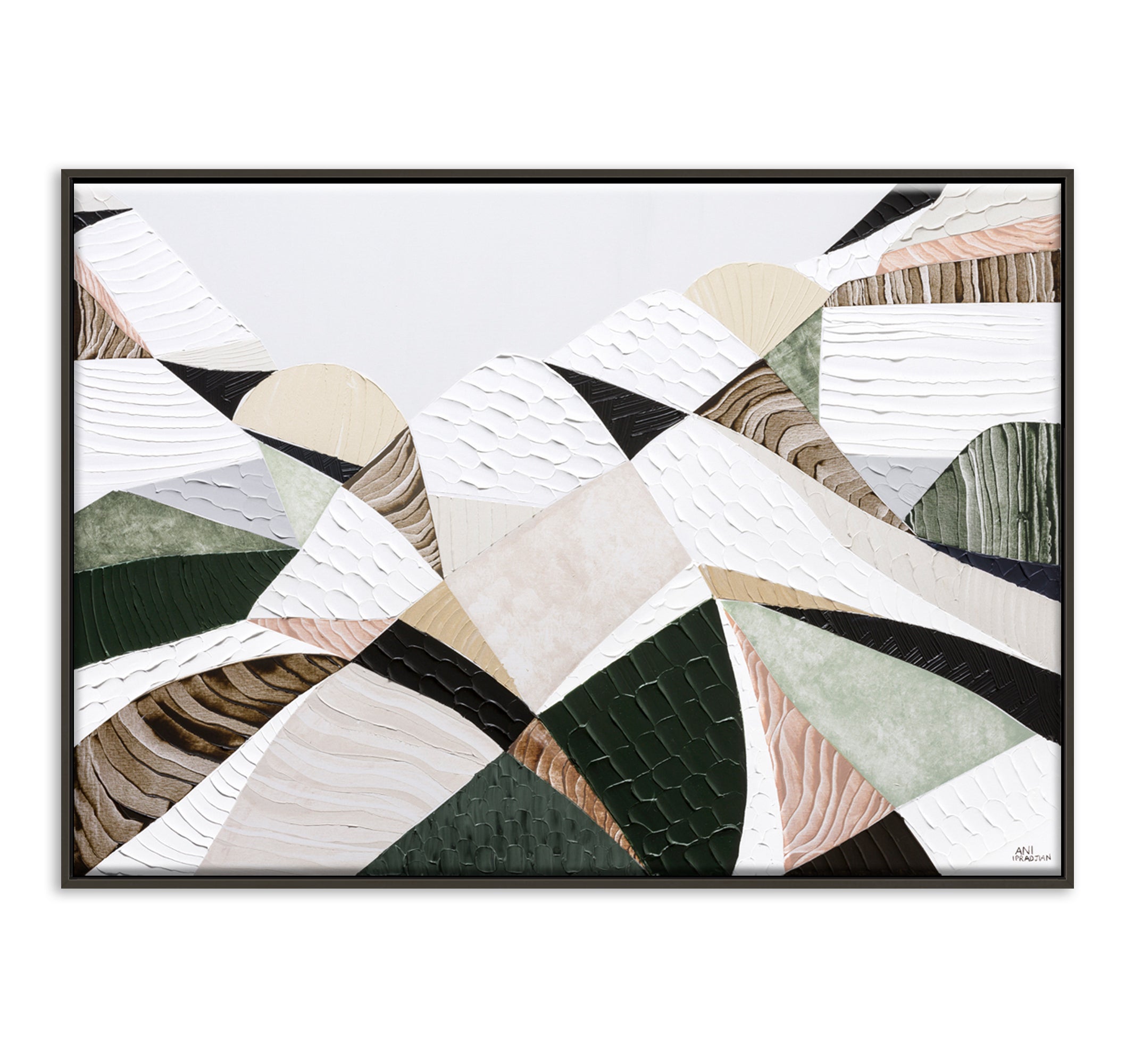 Great Dividing Mountain Ranges 3, original Australian abstract landscape painting by Melbourne artist Ani Ipradjian, featuring earthy browns, sage greens and rich textured native bushland. Contemporary acrylic and mixed media artwork on canvas, 134cm x 95cm, framed in Tasmanian Oak.