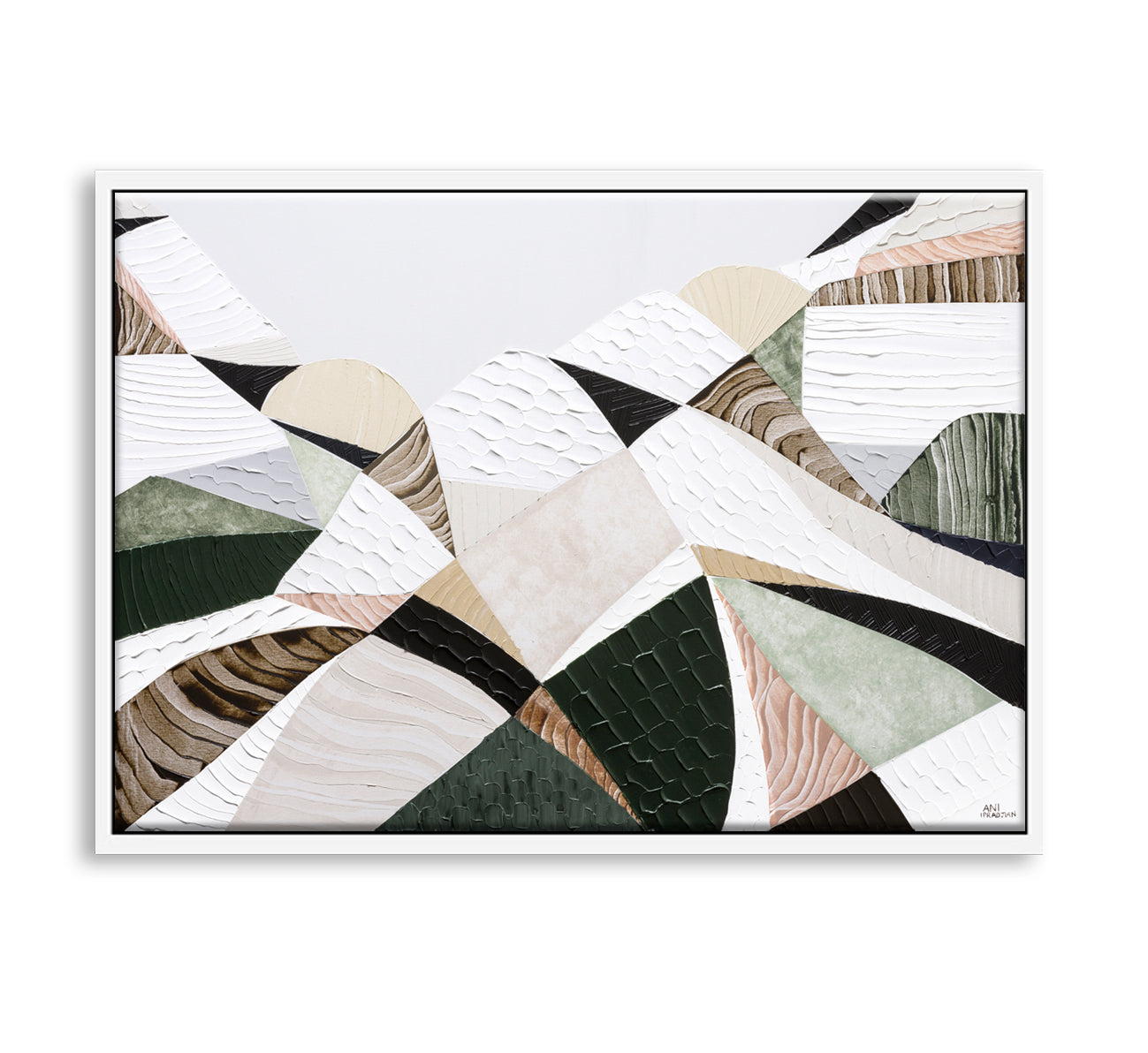 Great Dividing Mountain Ranges 3, original Australian abstract landscape painting by Melbourne artist Ani Ipradjian, featuring earthy browns, sage greens and rich textured native bushland. Contemporary acrylic and mixed media artwork on canvas, 134cm x 95cm, framed in Tasmanian Oak.