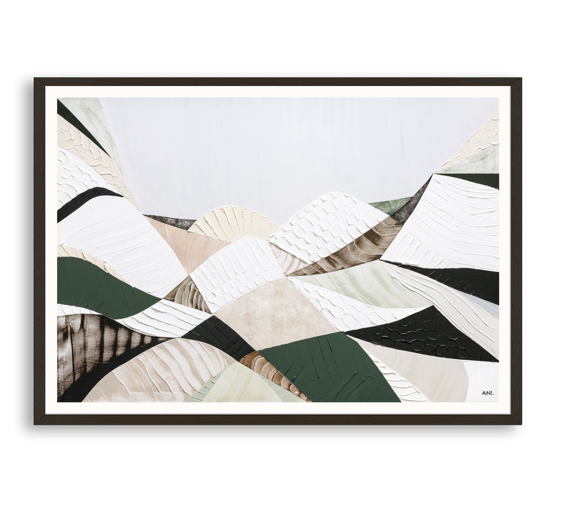Great Dividing Range abstract landscape print Australian mountain wall art, modern textured artwork with earthy tones and green hues, scenic Australian bushland decor for home office interior design Australia