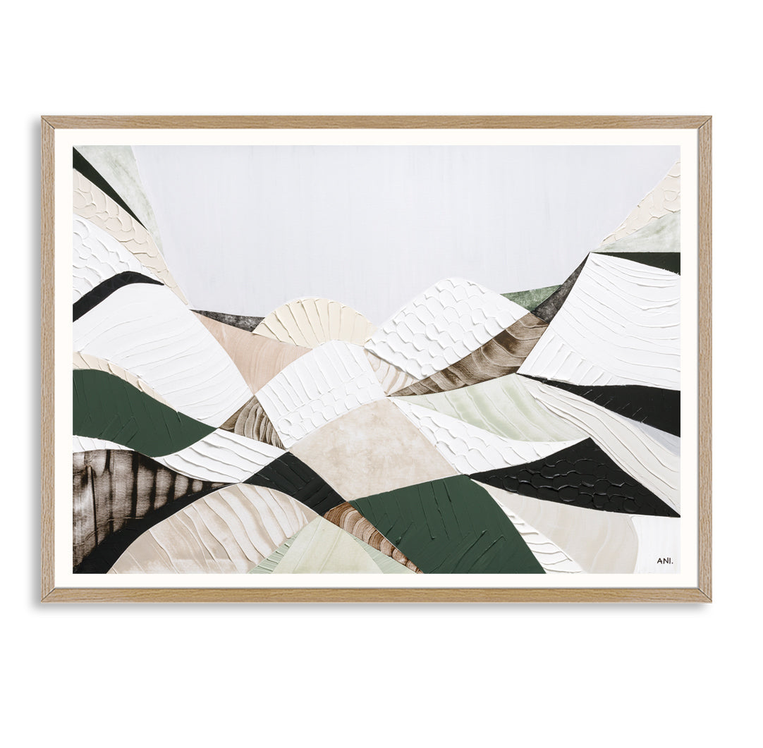 Great Dividing Range abstract landscape print Australian mountain wall art, modern textured artwork with earthy tones and green hues, scenic Australian bushland decor for home office interior design Australia