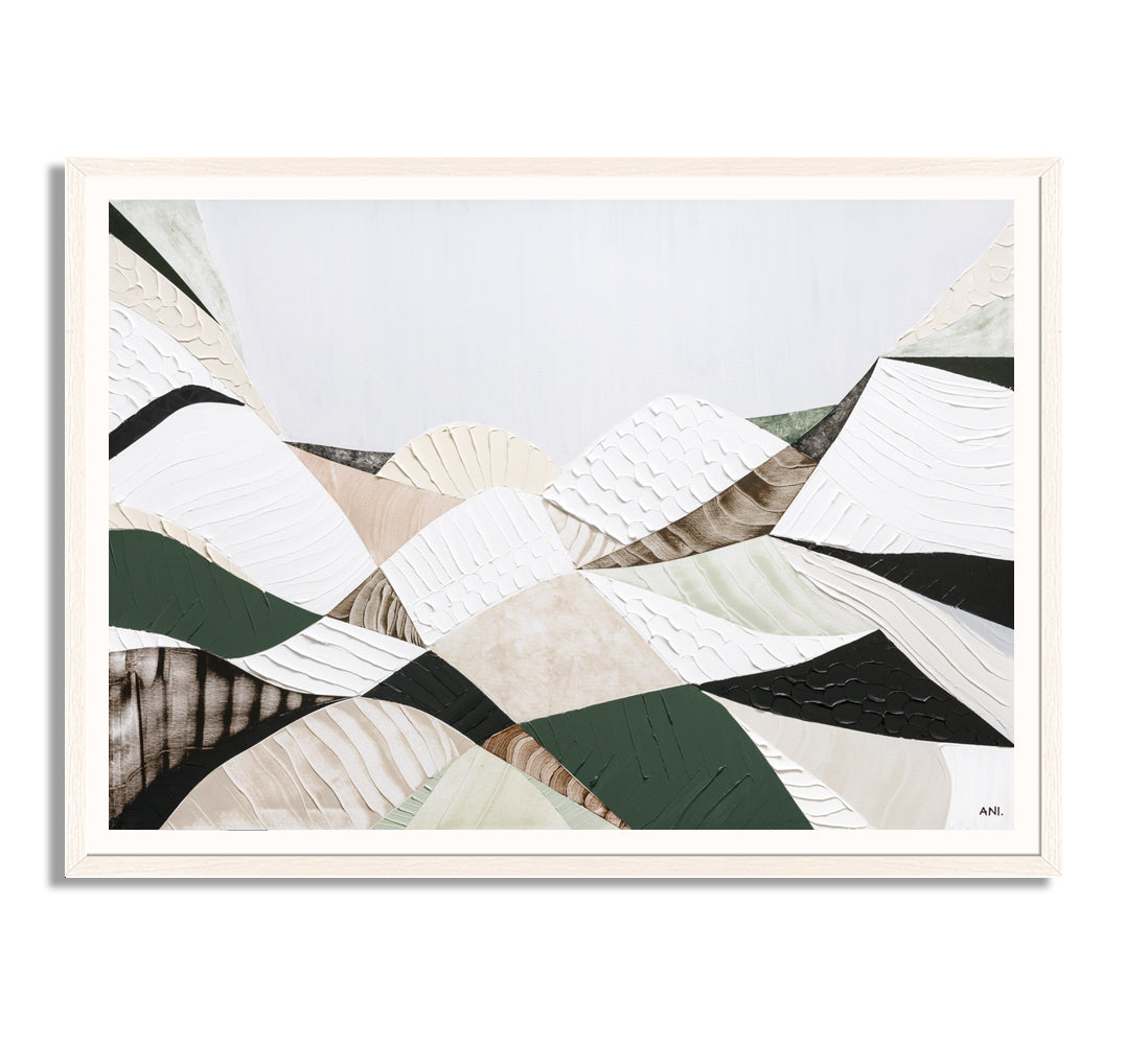 Great Dividing Range abstract landscape print Australian mountain wall art, modern textured artwork with earthy tones and green hues, scenic Australian bushland decor for home office interior design Australia