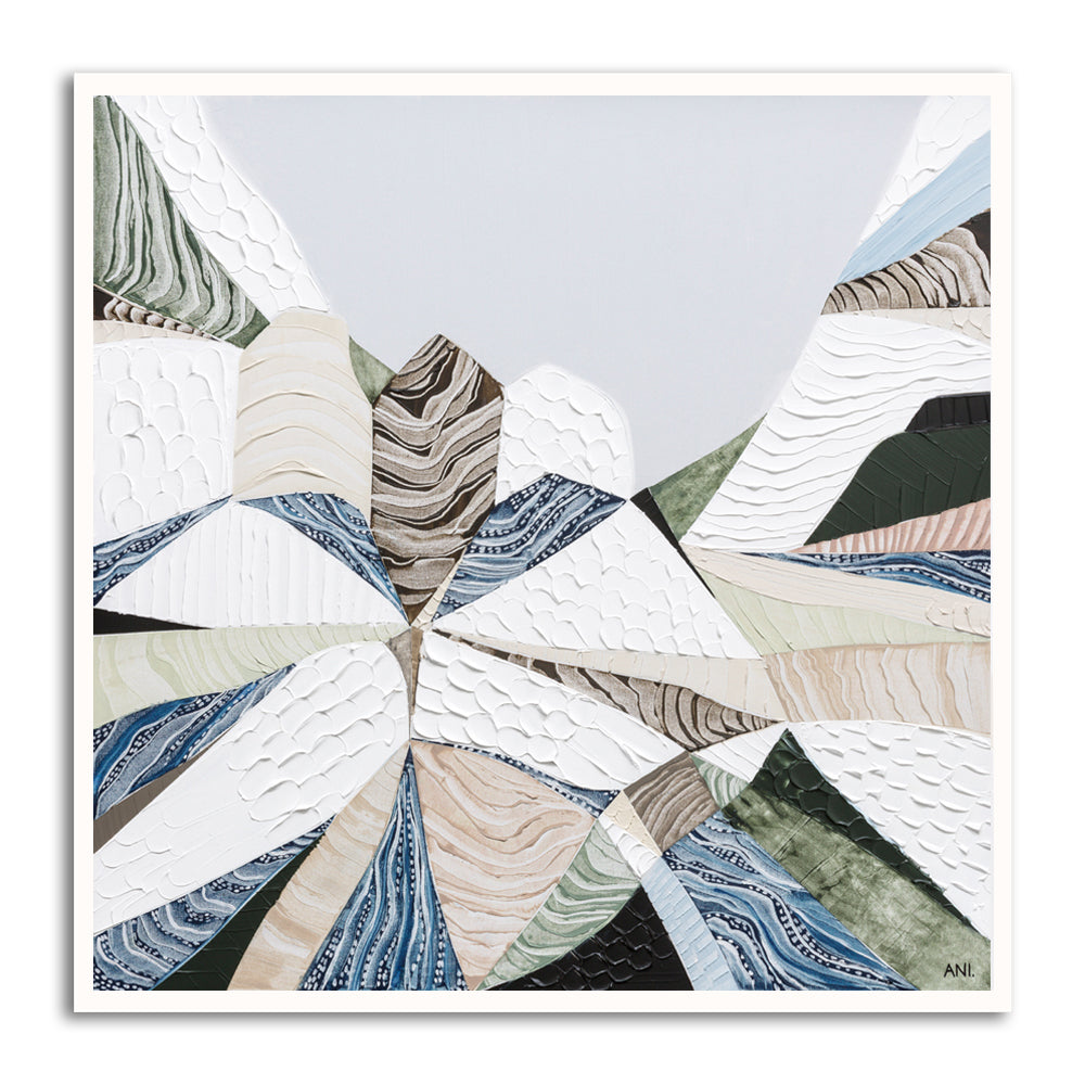 Great Dividing Plateau 7 abstract Australian mountain landscape painting by Melbourne artist Ani Ipradjian, Australian artist inspired by the Great Dividing Range across Queensland, New South Wales, and Victoria, featuring earthy tones, sage greens, and rich textured layers, contemporary Australian wall art for collectors and interior designers worldwide