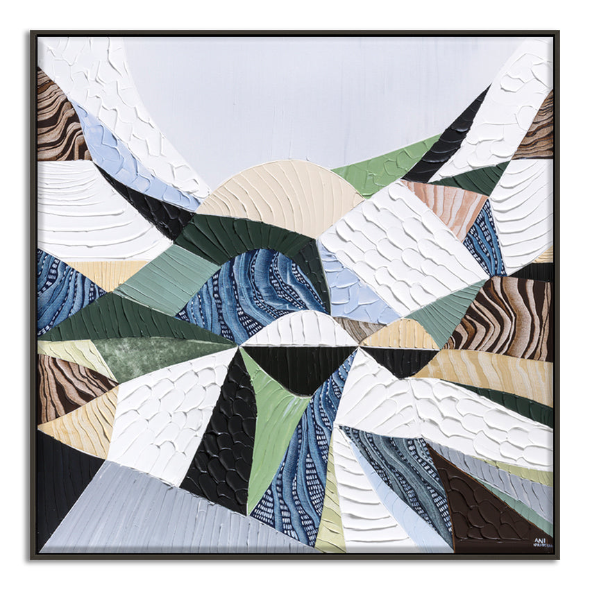 Great Dividing Plateau 11 original abstract Australian landscape painting by Melbourne-based Australian artist Ani Ipradjian, inspired by the Great Dividing Range with textured earthy browns, sage greens and native bushland tones, framed in Tasmanian Oak.