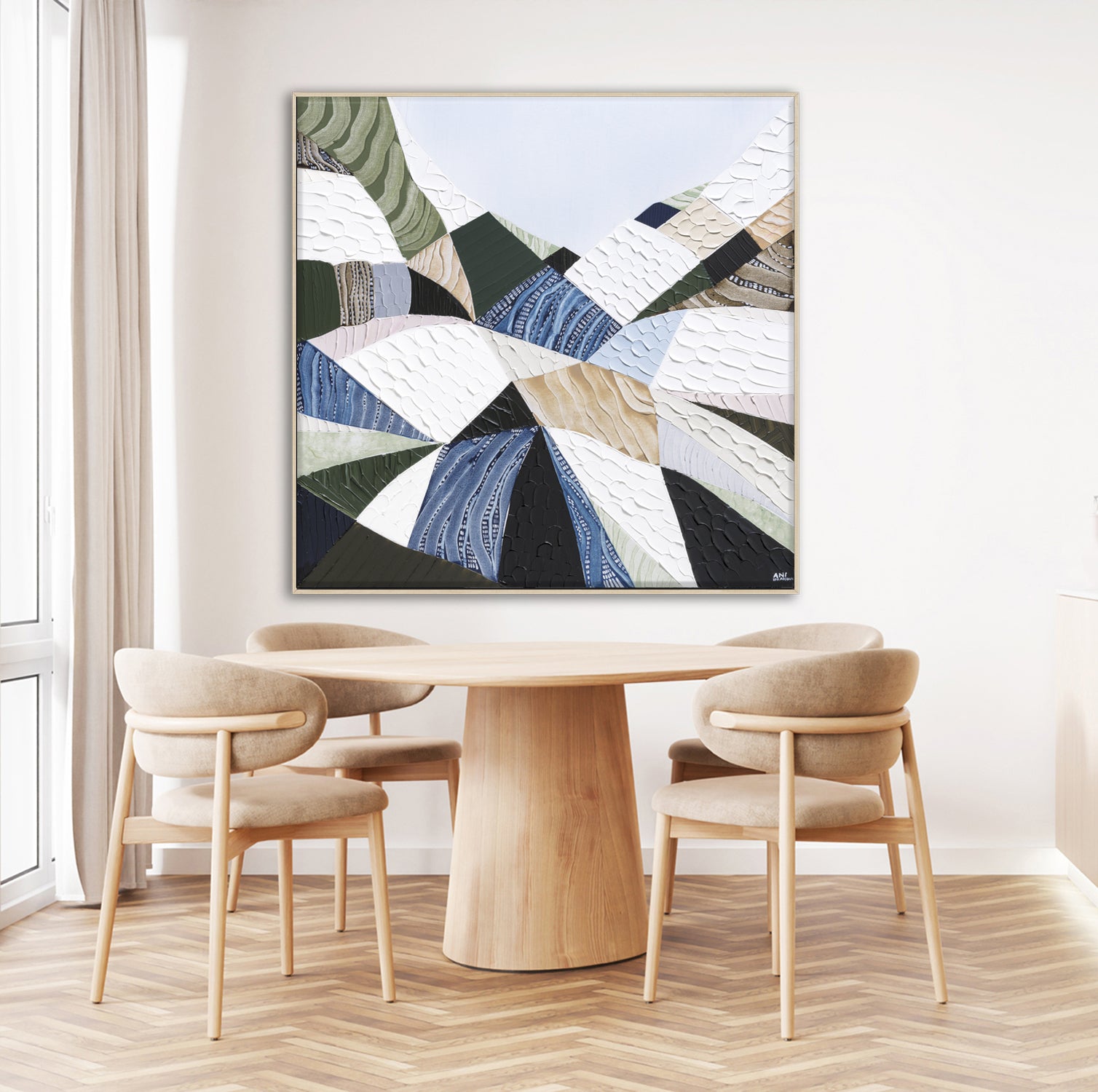 Great Dividing Plateau 13original abstract Australian landscape painting by Melbourne-based Australian artist Ani Ipradjian, inspired by the Great Dividing Range with textured earthy browns, sage greens and native bushland tones, framed in Tasmanian Oak.