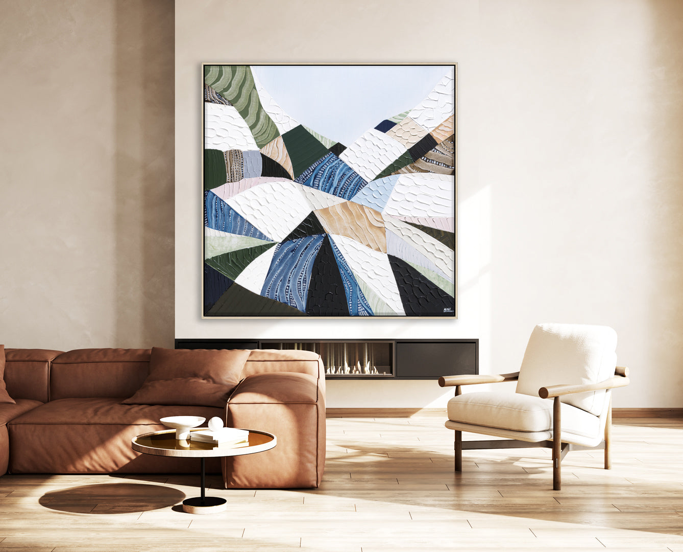 Great Dividing Plateau 11 original abstract Australian landscape painting by Melbourne-based Australian artist Ani Ipradjian, inspired by the Great Dividing Range with textured earthy browns, sage greens and native bushland tones, framed in Tasmanian Oak.