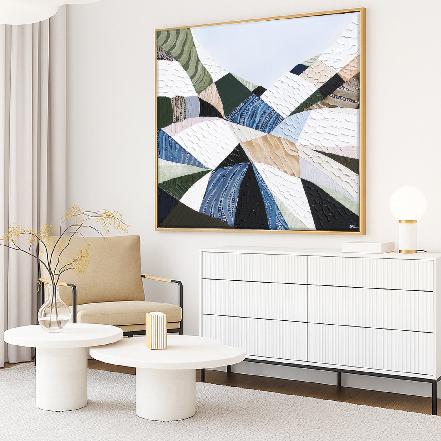 Great Dividing Plateau 13 original abstract Australian landscape painting by Melbourne-based Australian artist Ani Ipradjian, inspired by the Great Dividing Range with textured earthy browns, sage greens and native bushland tones, framed in Tasmanian Oak.