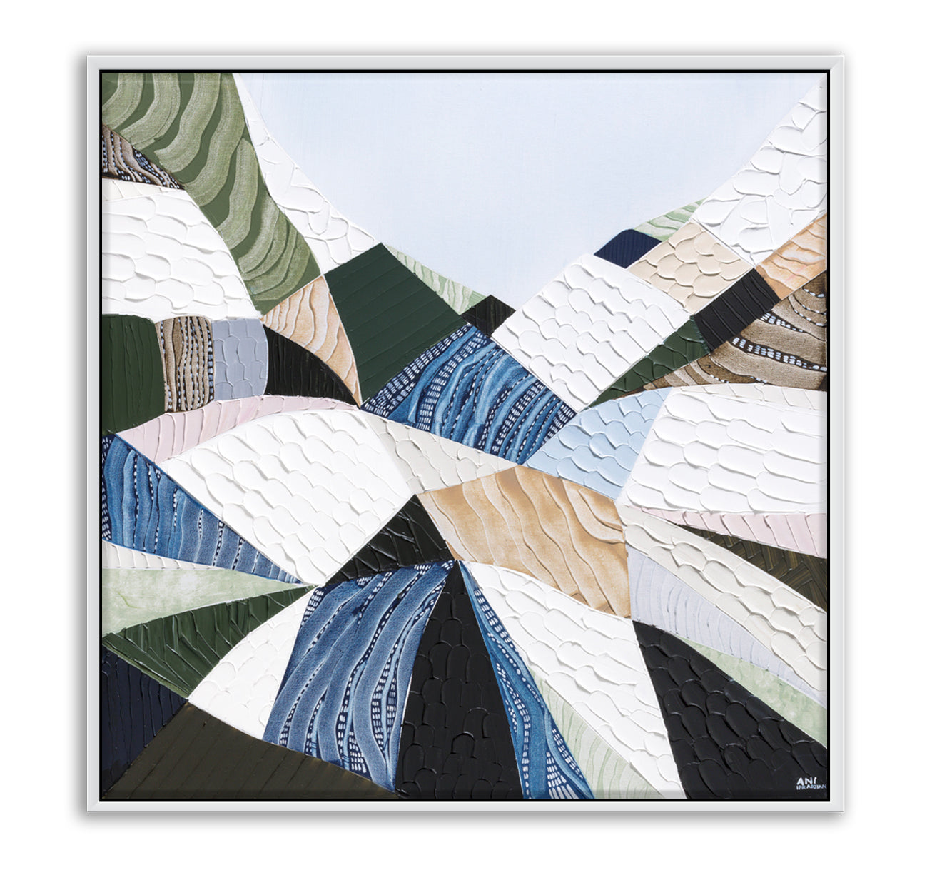 Great Dividing Plateau 13 original abstract Australian landscape painting by Melbourne-based Australian artist Ani Ipradjian, inspired by the Great Dividing Range with textured earthy browns, sage greens and native bushland tones, framed in Tasmanian Oak.