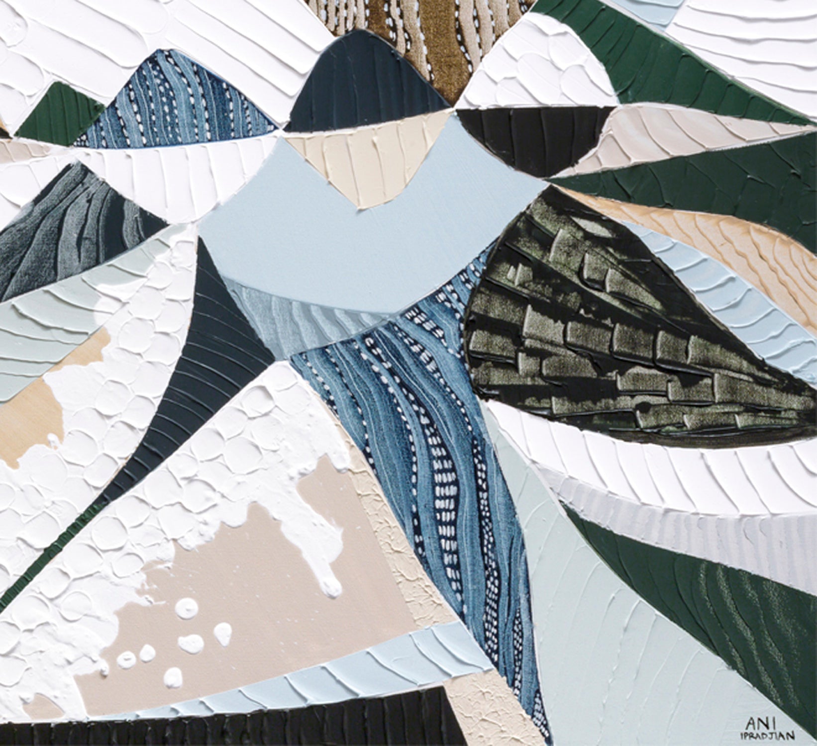 Great Dividing Plateau 14 Australian abstract mountain landscape painting and art print by Melbourne-based, Australian-based artist Ani Ipradjian, inspired by the Great Dividing Range, featuring earthy browns, sage greens, rich textures and native Australian bushland.