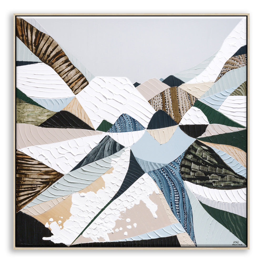 Great Dividing Plateau 14 Australian abstract mountain landscape painting and art print by Melbourne-based, Australian-based artist Ani Ipradjian, inspired by the Great Dividing Range, featuring earthy browns, sage greens, rich textures and native Australian bushland.