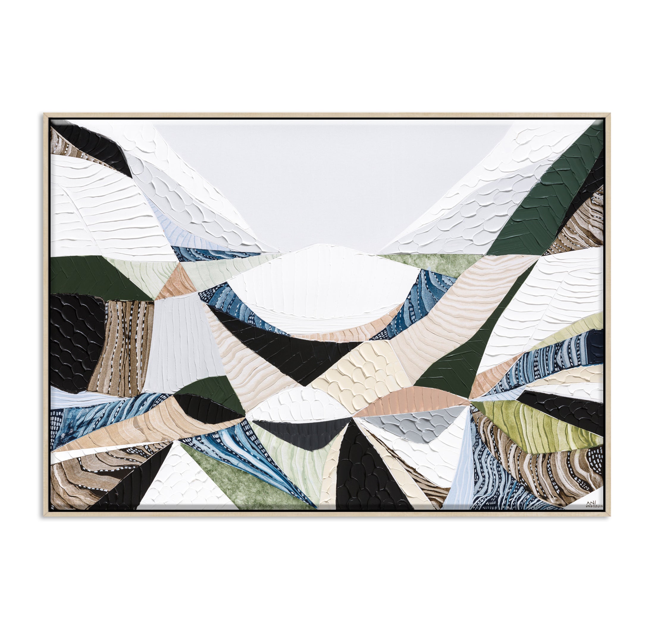 Contemporary Australian abstract art print inspired by Victorian bluestone (Olivine Basalt) by Melbourne artist Ani Ipradjian. Textured fine art print featuring earthy neutral colours, layered abstract forms and Australian volcanic stone inspiration. Ideal wall art for modern living rooms, dining rooms, offices and contemporary Australian interiors. Museum-quality print available framed in Tasmanian Oak, Black or White with free shipping Australia-wide.