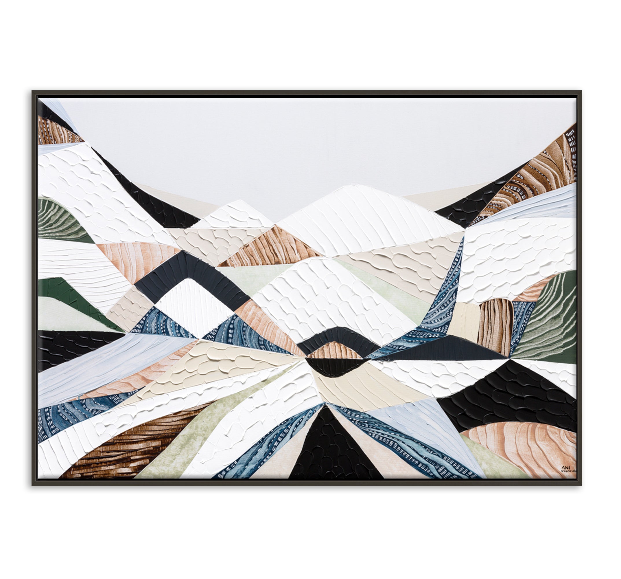 Great Dividing Ranges original Australian mountain landscape painting by Melbourne-based Australian artist Ani Ipradjian, textured acrylic and mixed media canvas artwork in earthy browns and sage greens, framed in Tasmanian Oak, with Australian wall art, canvas prints and giclée fine art prints available.