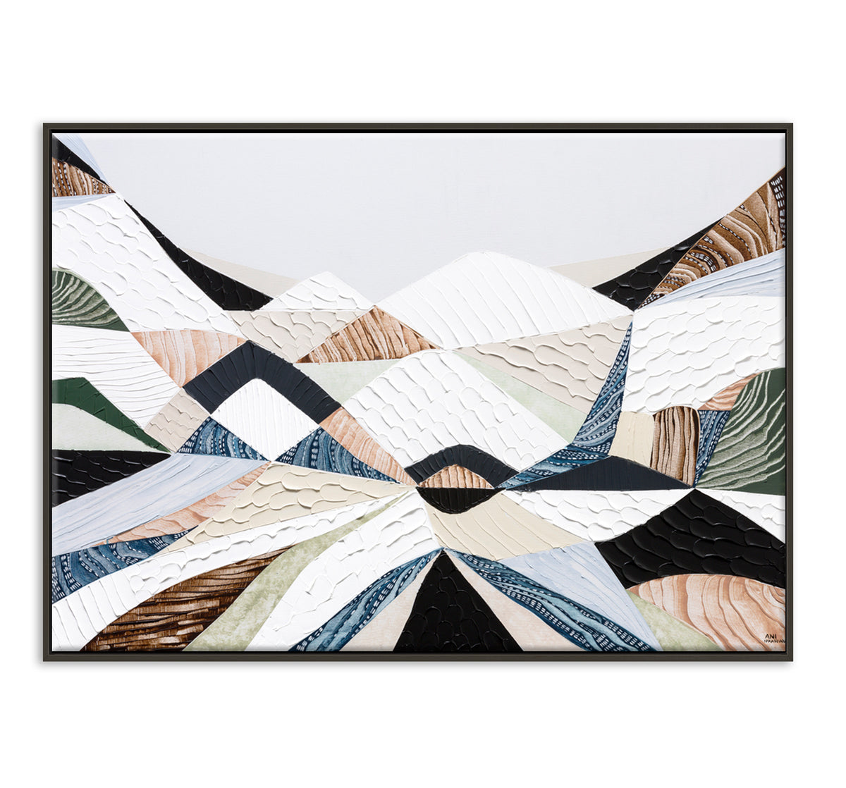 Great Dividing Ranges original Australian mountain landscape painting by Melbourne-based Australian artist Ani Ipradjian, textured acrylic and mixed media canvas artwork in earthy browns and sage greens, framed in Tasmanian Oak, with Australian wall art, canvas prints and giclée fine art prints available.
