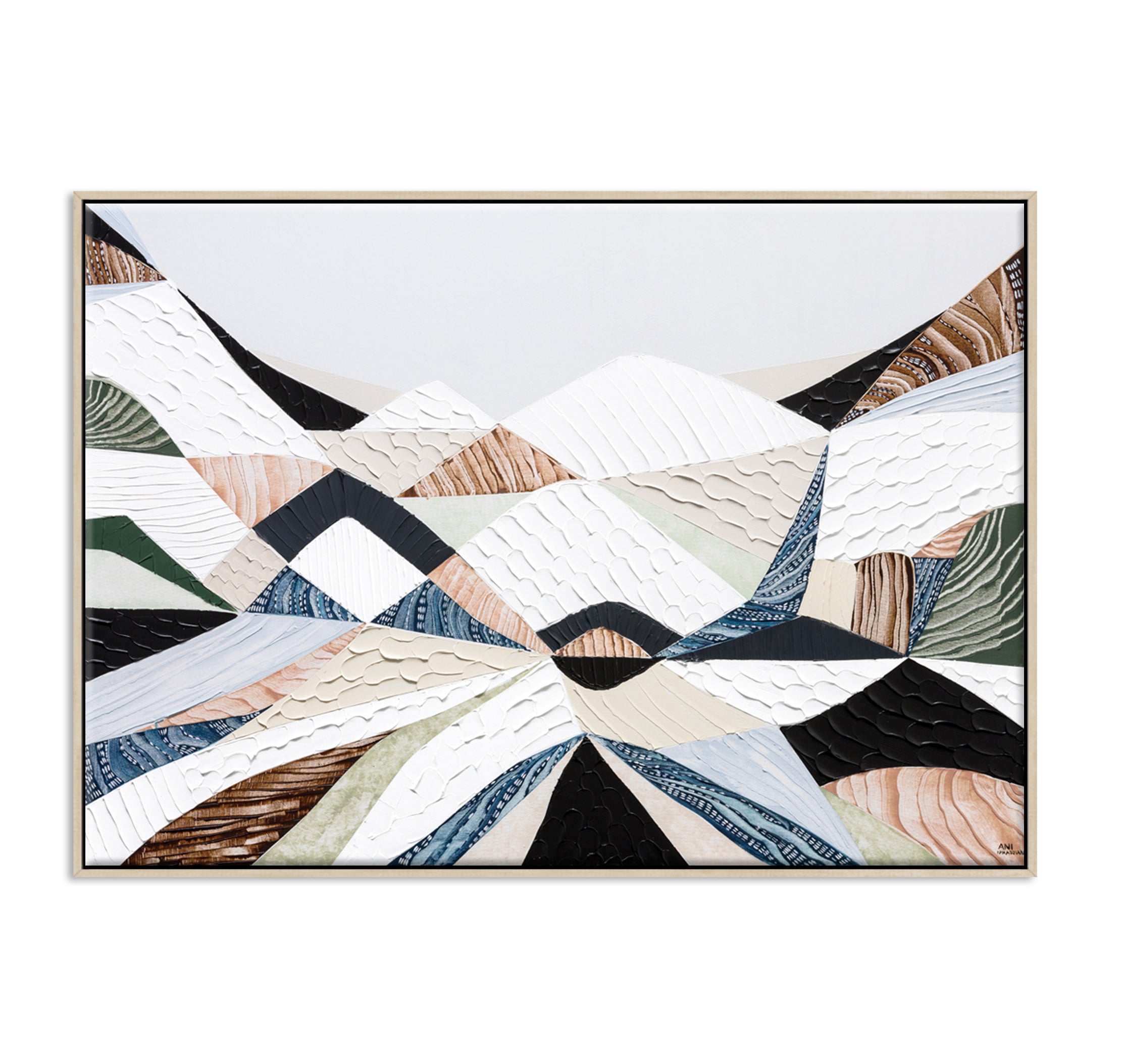 Great Dividing Ranges original Australian mountain landscape painting by Melbourne-based Australian artist Ani Ipradjian, textured acrylic and mixed media canvas artwork in earthy browns and sage greens, framed in Tasmanian Oak, with Australian wall art, canvas prints and giclée fine art prints available.