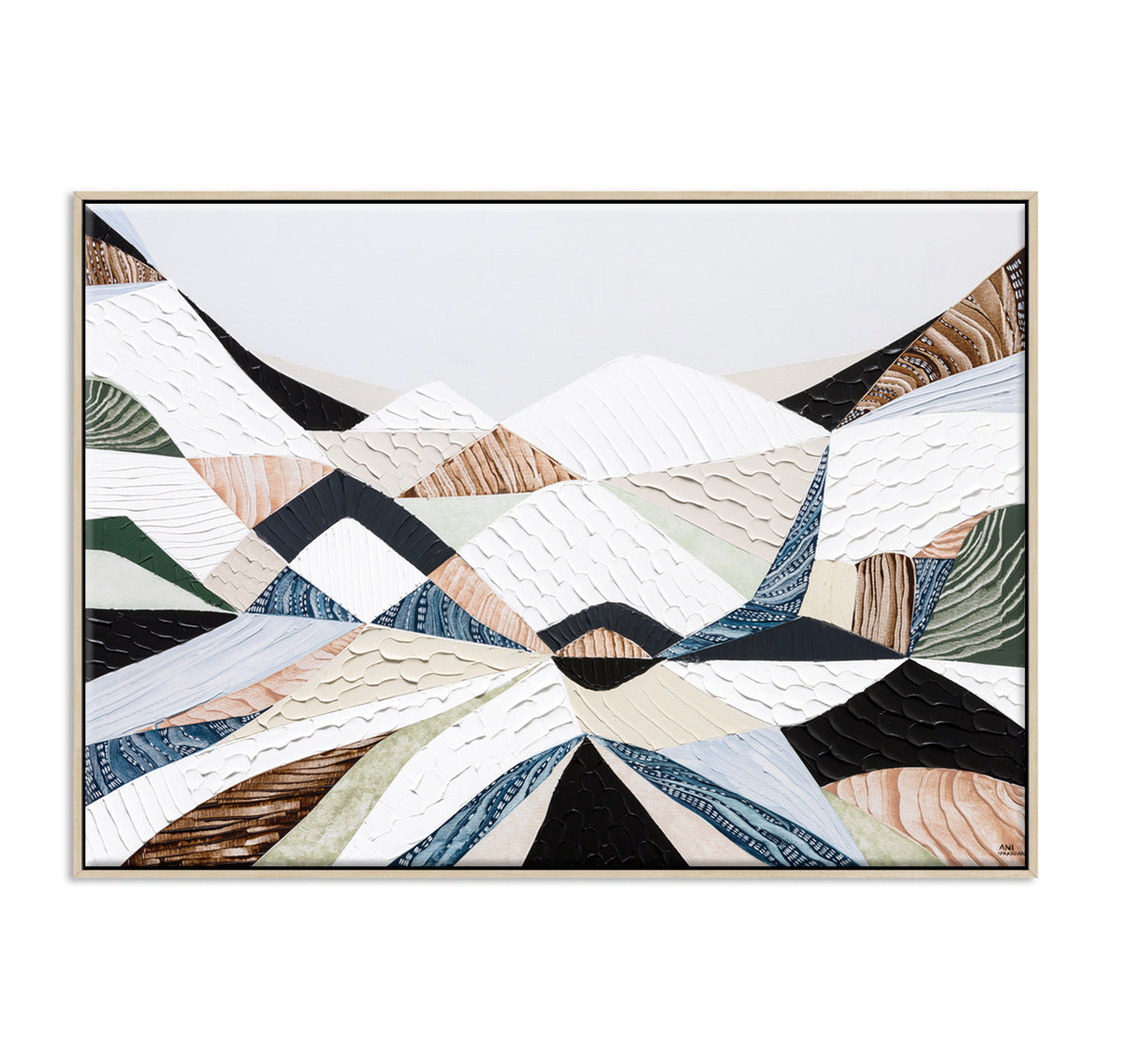 Great Dividing Ranges original Australian mountain landscape painting by Melbourne-based Australian artist Ani Ipradjian, textured acrylic and mixed media canvas artwork in earthy browns and sage greens, framed in Tasmanian Oak, with Australian wall art, canvas prints and giclée fine art prints available.