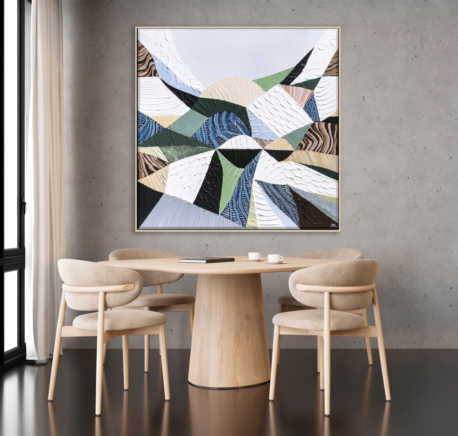 Great Dividing Plateau 11 original abstract Australian landscape painting by Melbourne-based Australian artist Ani Ipradjian, inspired by the Great Dividing Range with textured earthy browns, sage greens and native bushland tones, framed in Tasmanian Oak.