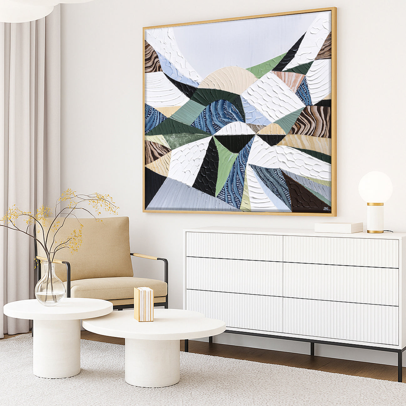 Great Dividing Plateau 11 original abstract Australian landscape painting by Melbourne-based Australian artist Ani Ipradjian, inspired by the Great Dividing Range with textured earthy browns, sage greens and native bushland tones, framed in Tasmanian Oak.