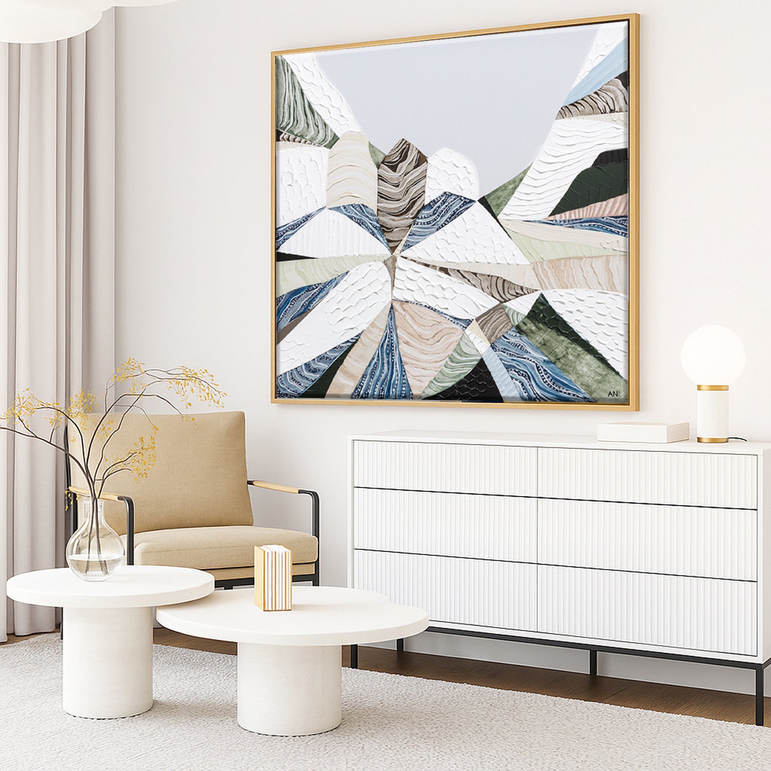 Great Dividing Plateau 7 abstract Australian mountain landscape painting by Melbourne artist Ani Ipradjian, Australian artist inspired by the Great Dividing Range across Queensland, New South Wales, and Victoria, featuring earthy tones, sage greens, and rich textured layers, contemporary Australian wall art for collectors and interior designers worldwide