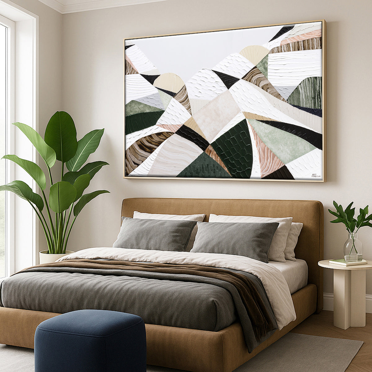 Great Dividing Mountain Ranges 3, original Australian abstract landscape painting by Melbourne artist Ani Ipradjian, featuring earthy browns, sage greens and rich textured native bushland. Contemporary acrylic and mixed media artwork on canvas, 134cm x 95cm, framed in Tasmanian Oak.