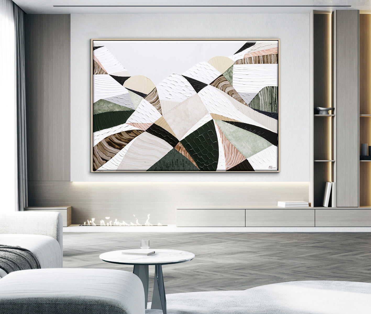 Great Dividing Mountain Ranges 3, original Australian abstract landscape painting by Melbourne artist Ani Ipradjian, featuring earthy browns, sage greens and rich textured native bushland. Contemporary acrylic and mixed media artwork on canvas, 134cm x 95cm, framed in Tasmanian Oak.