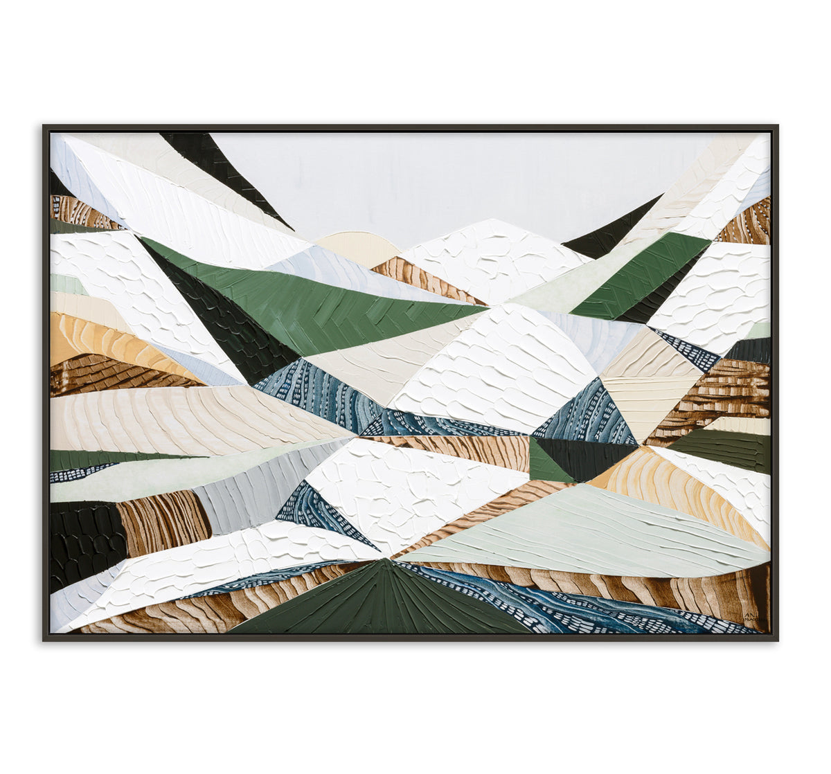 Great Dividing Ranges original Australian mountain landscape painting by Melbourne-based Australian artist Ani Ipradjian, textured acrylic and mixed media canvas artwork in earthy browns and sage greens, framed in Tasmanian Oak, with Australian wall art, canvas prints and giclée fine art prints available.